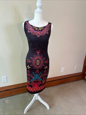 bebe Black Midi Dress with Multicolor Medallion Print